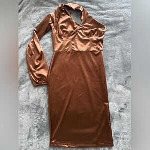 Brown Ruched Bodycon Dress with Bishop Sleeves